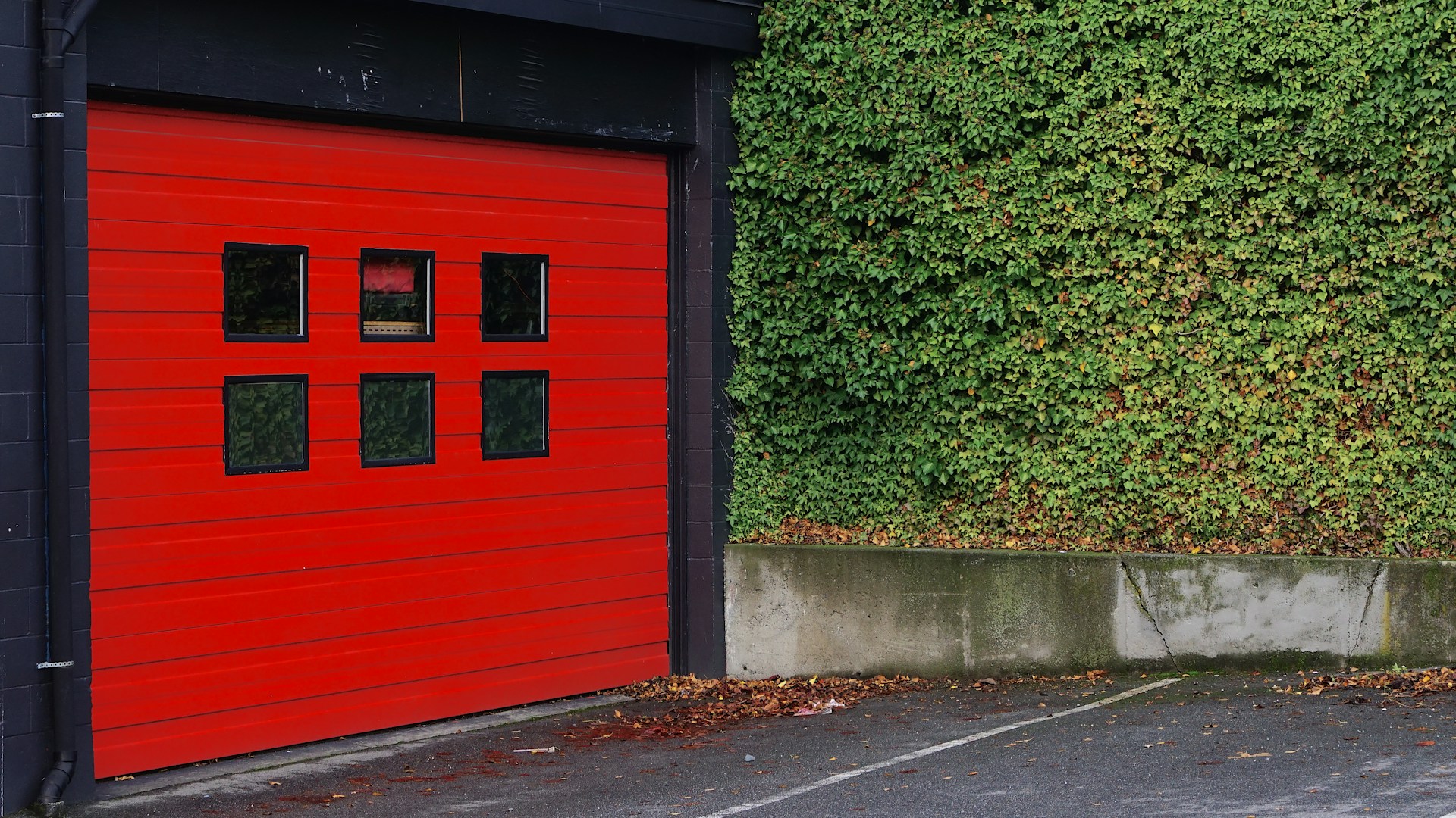 Bright red garage door with black trim, featuring six small windows, against a lush green ivy-covered wall.