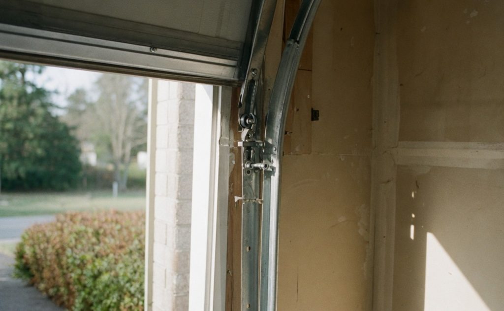 Alt text: Close-up of a garage door mechanism with an open door revealing a sunny view outside.