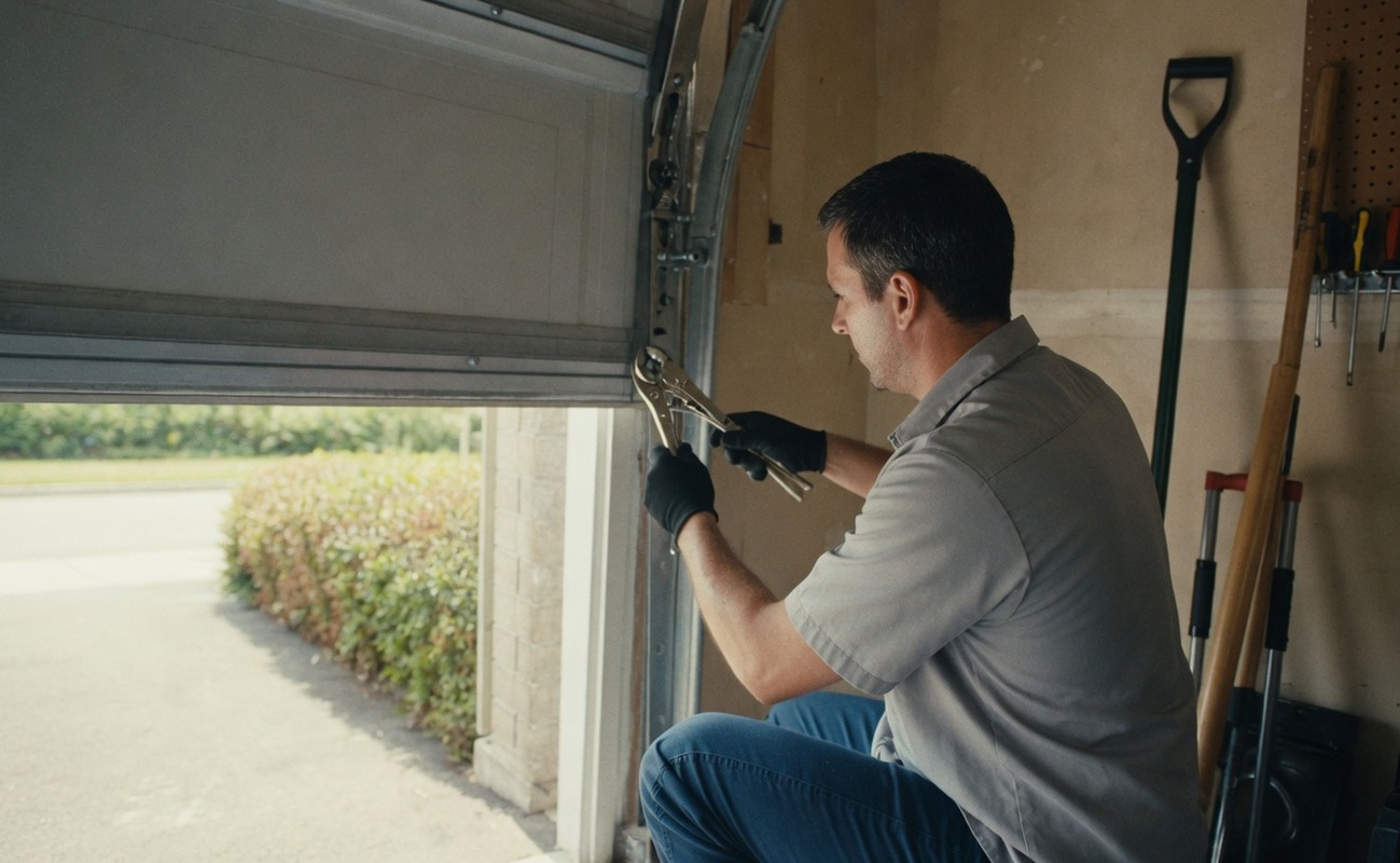 A man in gloves repairs a garage door using pliers, with tools visible in the background.