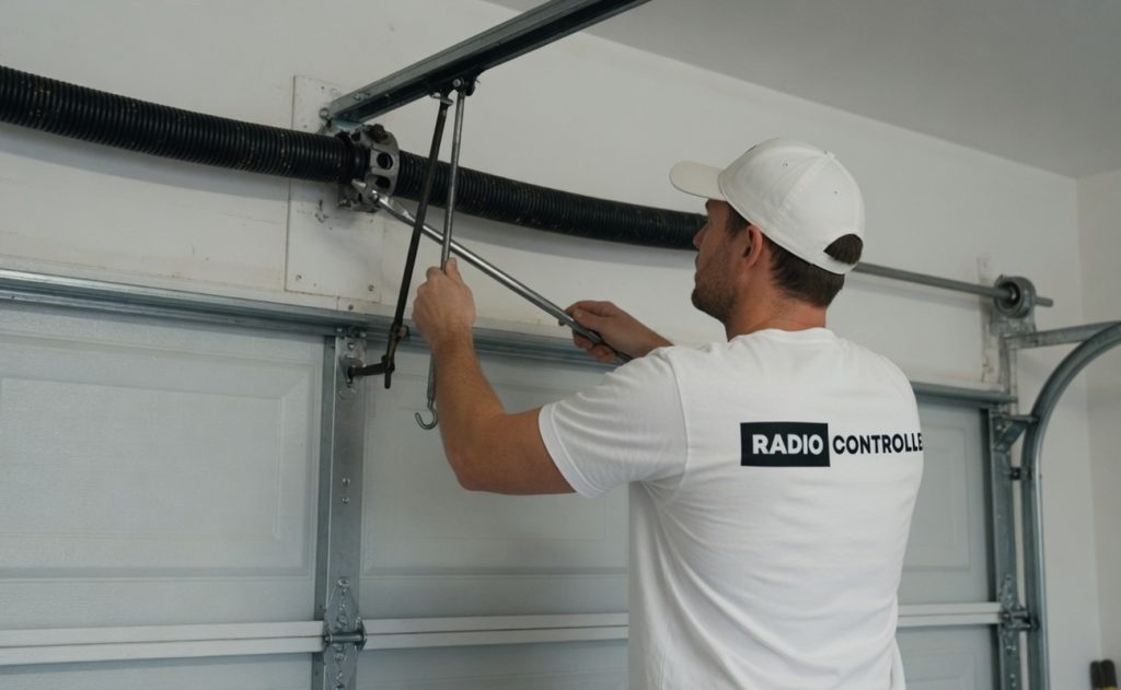 A technician adjusts a garage door spring using tools in a well-lit garage environment.