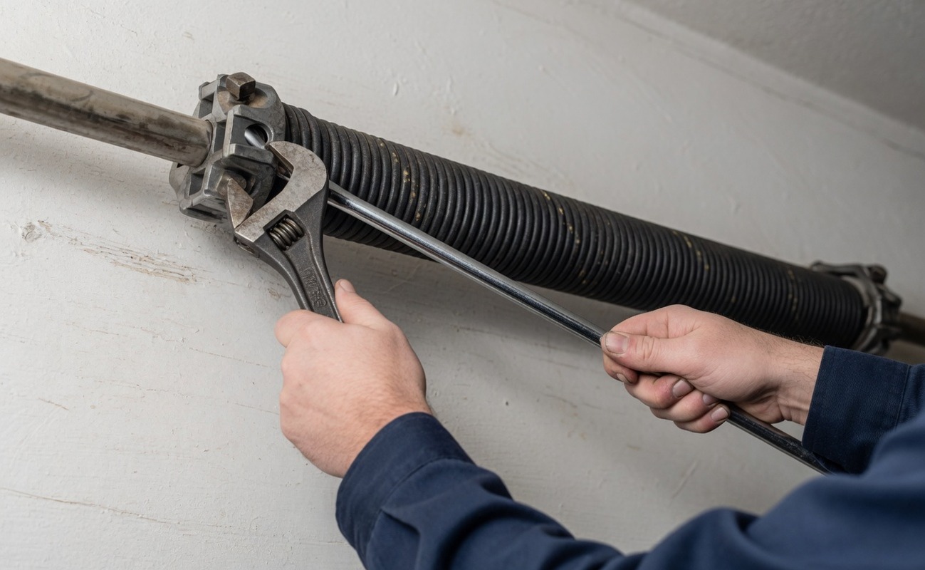 Close-up of a mechanic using a wrench to tighten a spring on a garage door mechanism against a white wall.