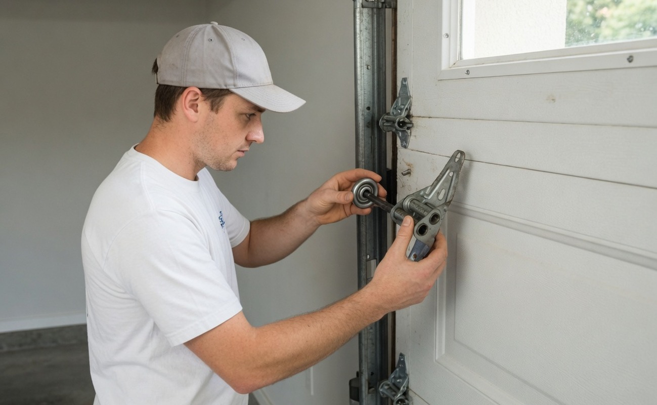 A technician garage door roller replacement mechanism with tools, focused on ensuring proper functionality.