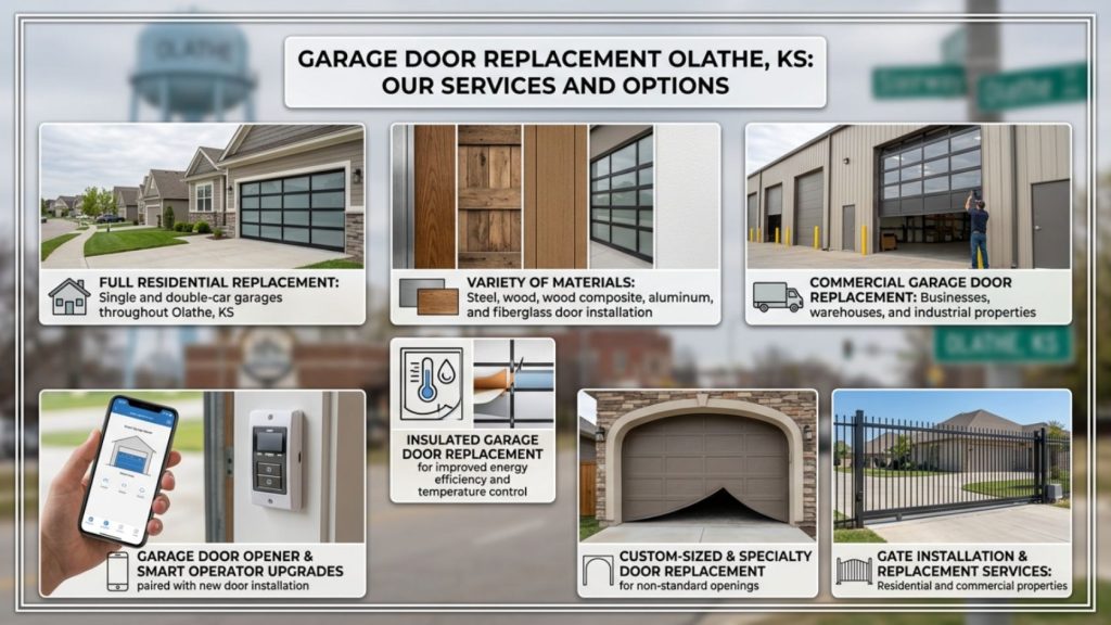 Infographic showcasing garage door replacement services in Olathe, KS, including materials, options, and upgrades.